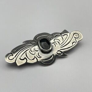 Vintage Mexican Sterling Silver Black Onyx Pin Brooch Unisex Jewelry